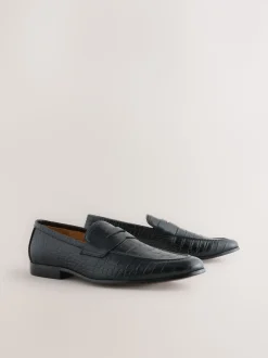 Black Embossed Leather Loafers