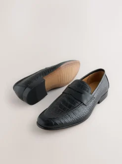 Black Embossed Leather Loafers