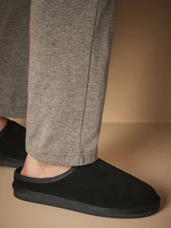 Black Faux Fur Lined Signature Suede Mule Slippers