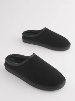 Black Faux Fur Lined Signature Suede Mule Slippers