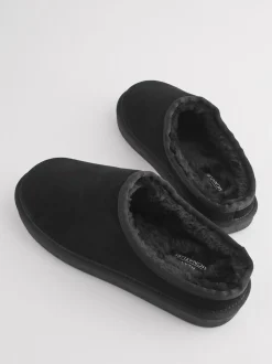 Black Faux Fur Lined Signature Suede Mule Slippers
