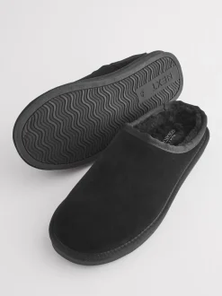 Black Faux Fur Lined Signature Suede Mule Slippers