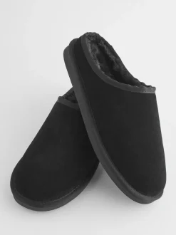 Black Faux Fur Lined Signature Suede Mule Slippers