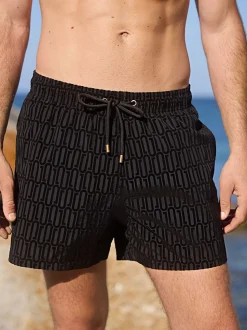 Black Flock Printed Swim Shorts