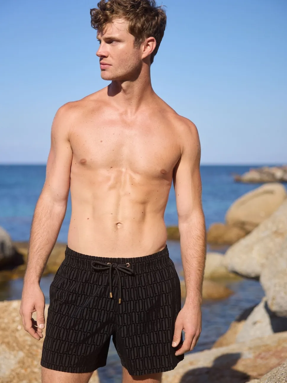 Black Flock Printed Swim Shorts