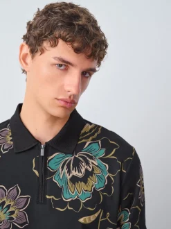 Black Floral Short Sleeve Print Polo Shirt