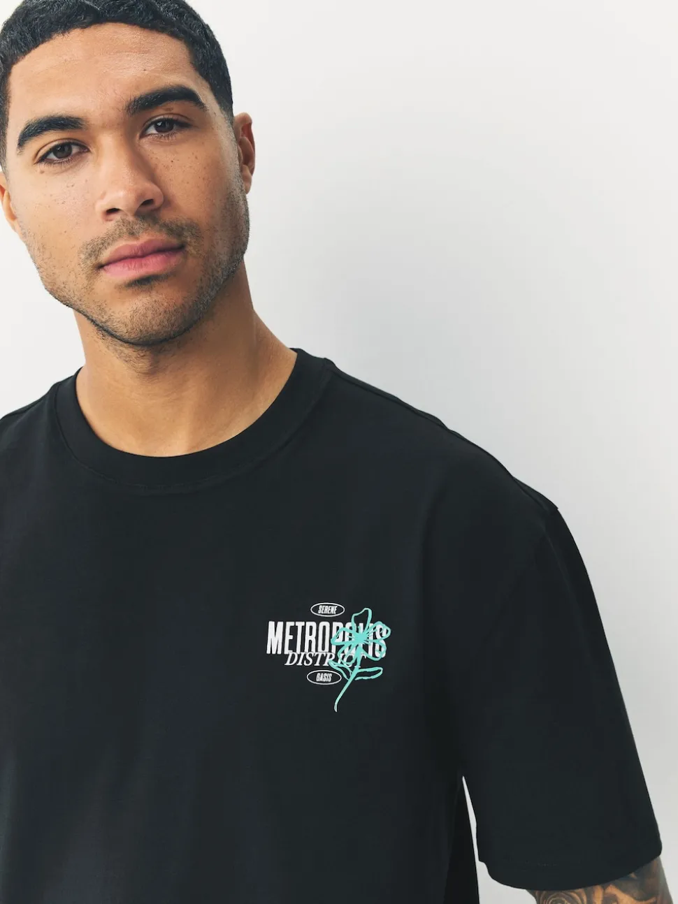Black Flower Relaxed Fit Graphic Print Heavy Weight T-Shirt