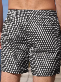 Black Geometric Printed Swim Shorts
