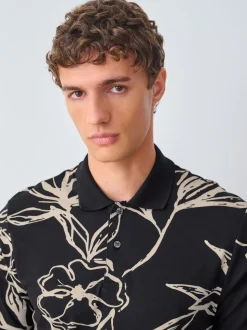 Black Gold Floral Short Sleeve Print Polo Shirt