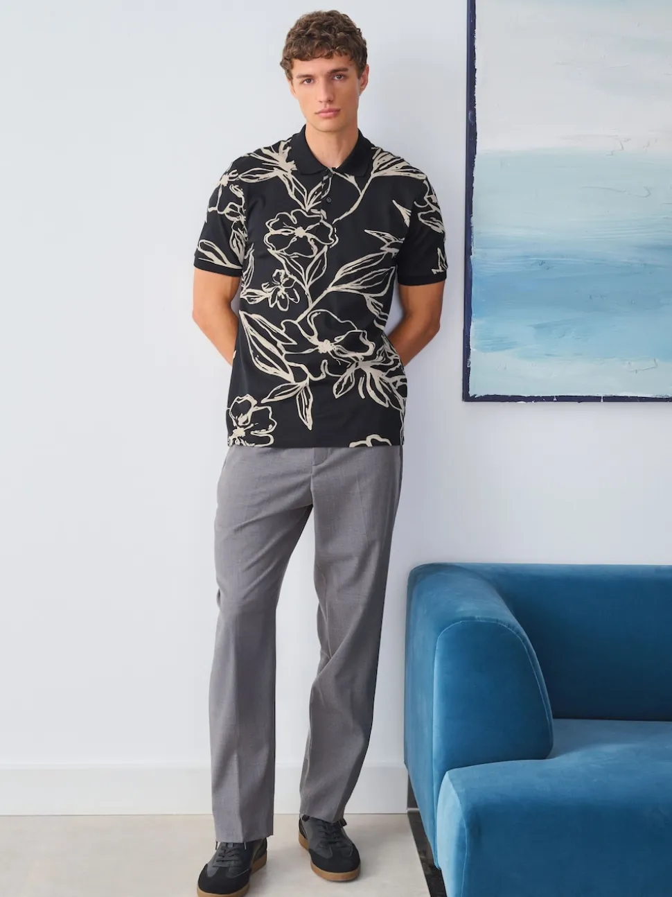 Black Gold Floral Short Sleeve Print Polo Shirt