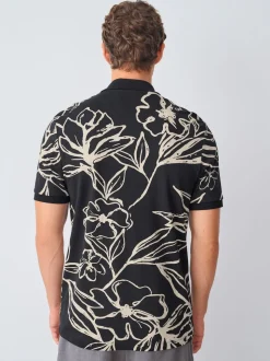 Black Gold Floral Short Sleeve Print Polo Shirt