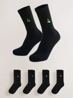 Black Golf Embroiderd Sports Socks 4 Pack
