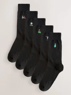 Black Golfing Fun Embroidered Socks 5 Pack