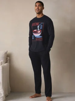 Black Graphic Long Sleeve Jersey Pyjamas Set