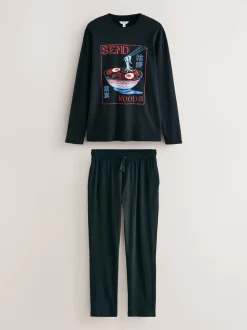 Black Graphic Long Sleeve Jersey Pyjamas Set