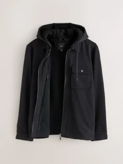 Black Hooded Borg Fleece Lined Shacket