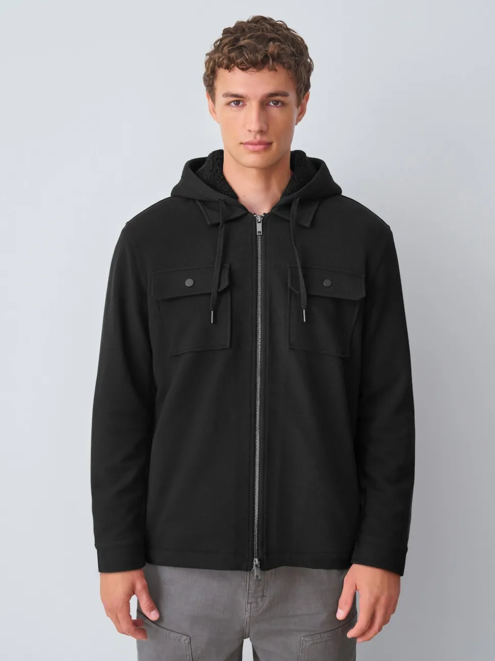 Black Hooded Borg Fleece Lined Shacket