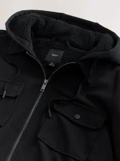 Black Hooded Borg Fleece Lined Shacket