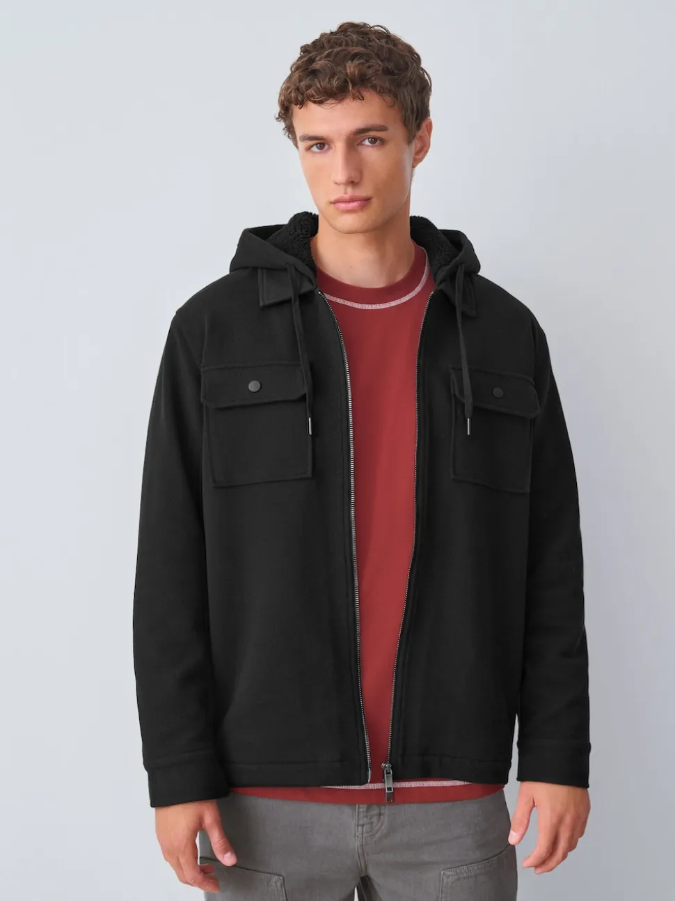 Black Hooded Borg Fleece Lined Shacket