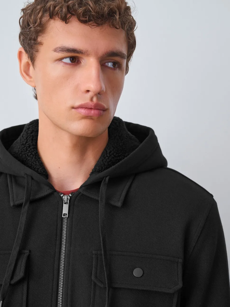 Black Hooded Borg Fleece Lined Shacket