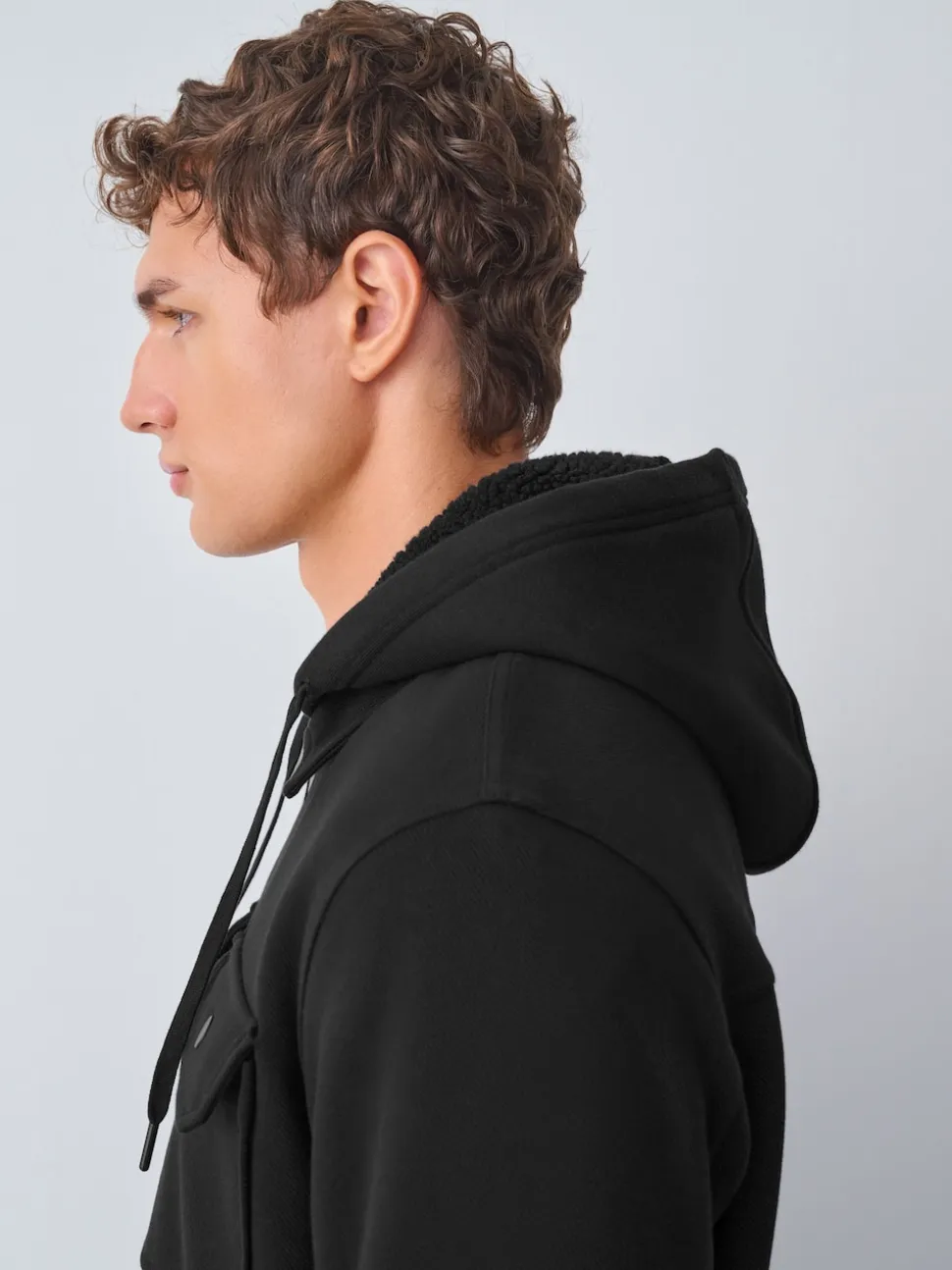 Black Hooded Borg Fleece Lined Shacket