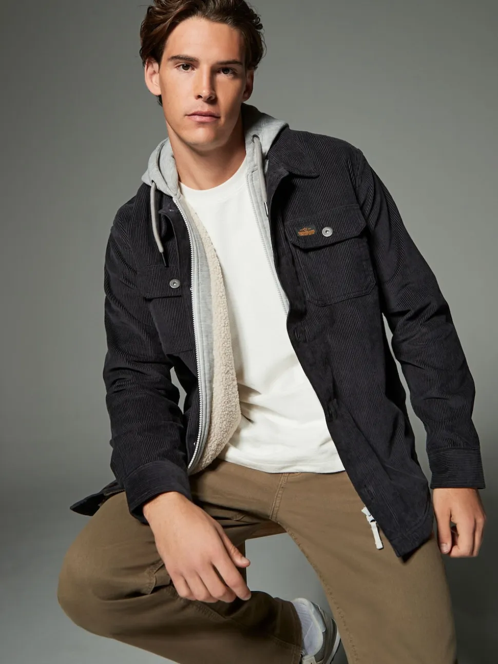 Black Hooded Corduroy Borg Lined Shacket