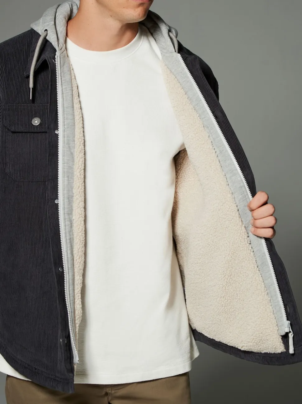 Black Hooded Corduroy Borg Lined Shacket