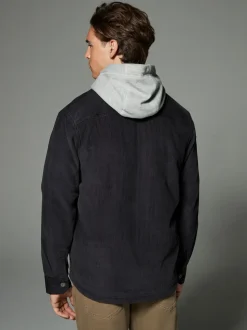 Black Hooded Corduroy Borg Lined Shacket