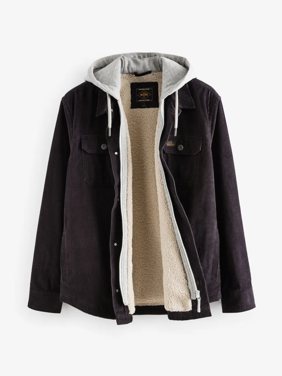 Black Hooded Corduroy Borg Lined Shacket