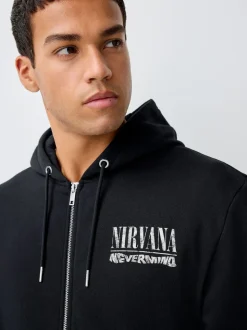 Black Hooded Nirvana Licence Graphic Print Zip Through Hoodie