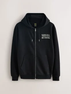 Black Hooded Nirvana Licence Graphic Print Zip Through Hoodie