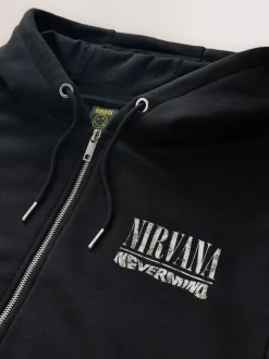 Black Hooded Nirvana Licence Graphic Print Zip Through Hoodie