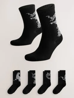 Black Japanese Animal Pattern Sports Socks 4 Pack