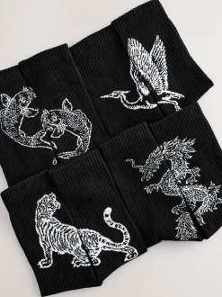 Black Japanese Animal Pattern Sports Socks 4 Pack