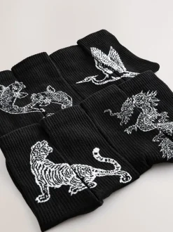 Black Japanese Animal Pattern Sports Socks 4 Pack