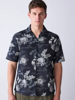 Black Japanese Style Print Short Sleeve Shirt