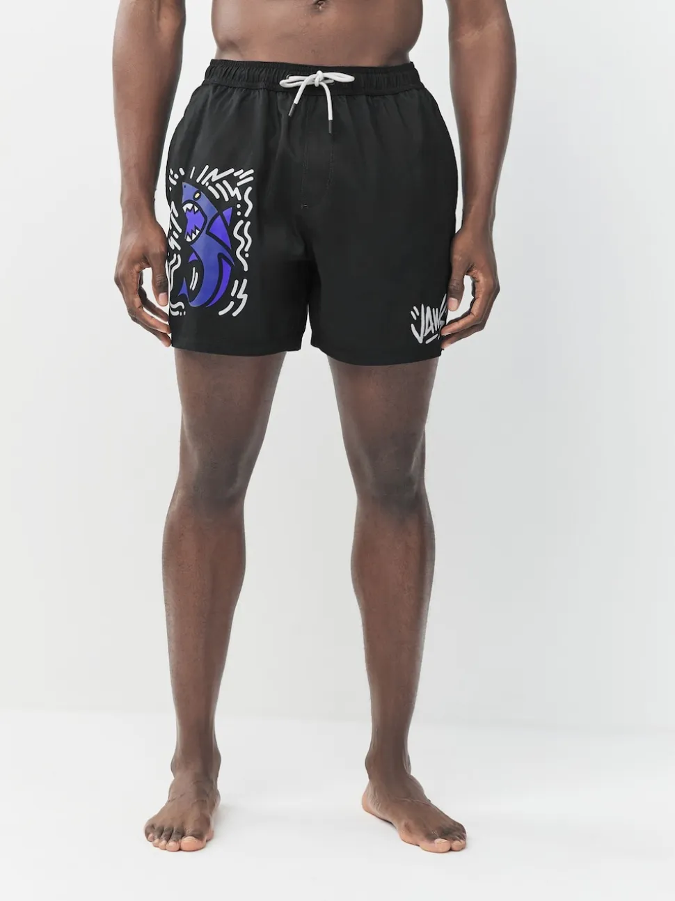 Black Jaws License Printed Swim Shorts