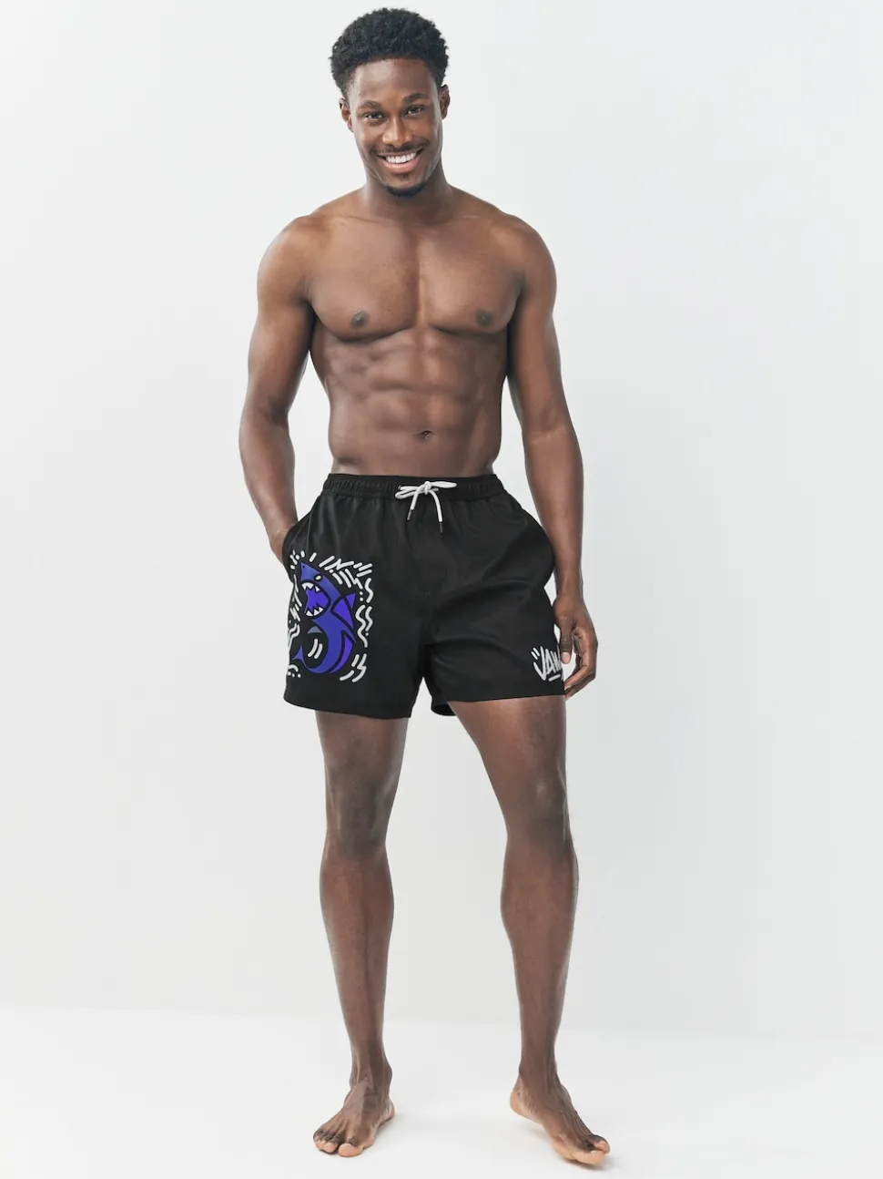 Black Jaws License Printed Swim Shorts
