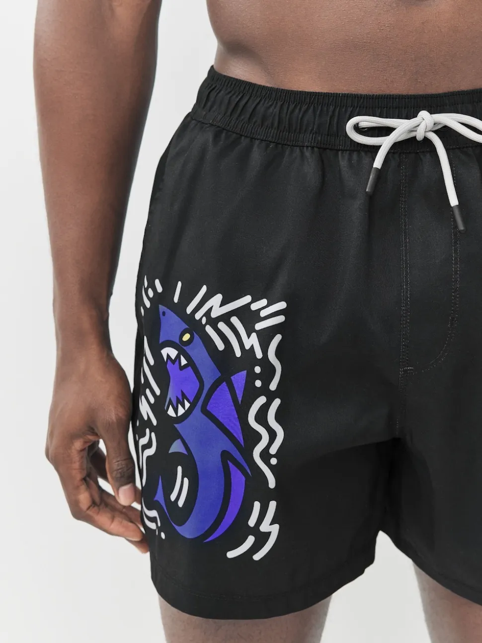 Black Jaws License Printed Swim Shorts