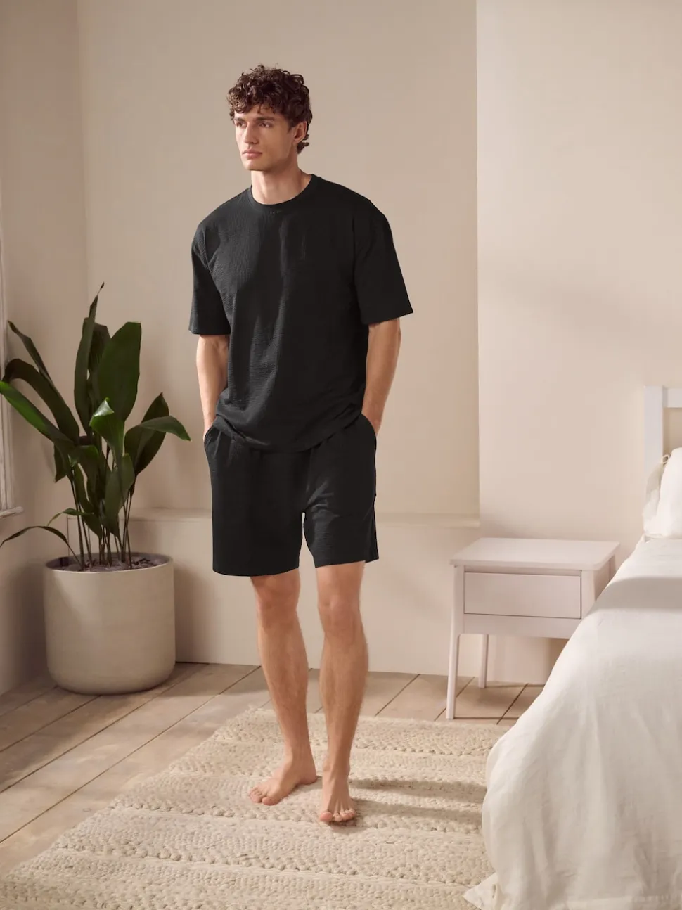 Black Jersey Textured Co-ord Shorts Set