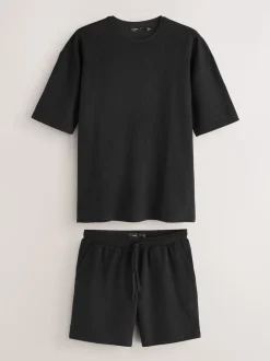 Black Jersey Textured Co-ord Shorts Set