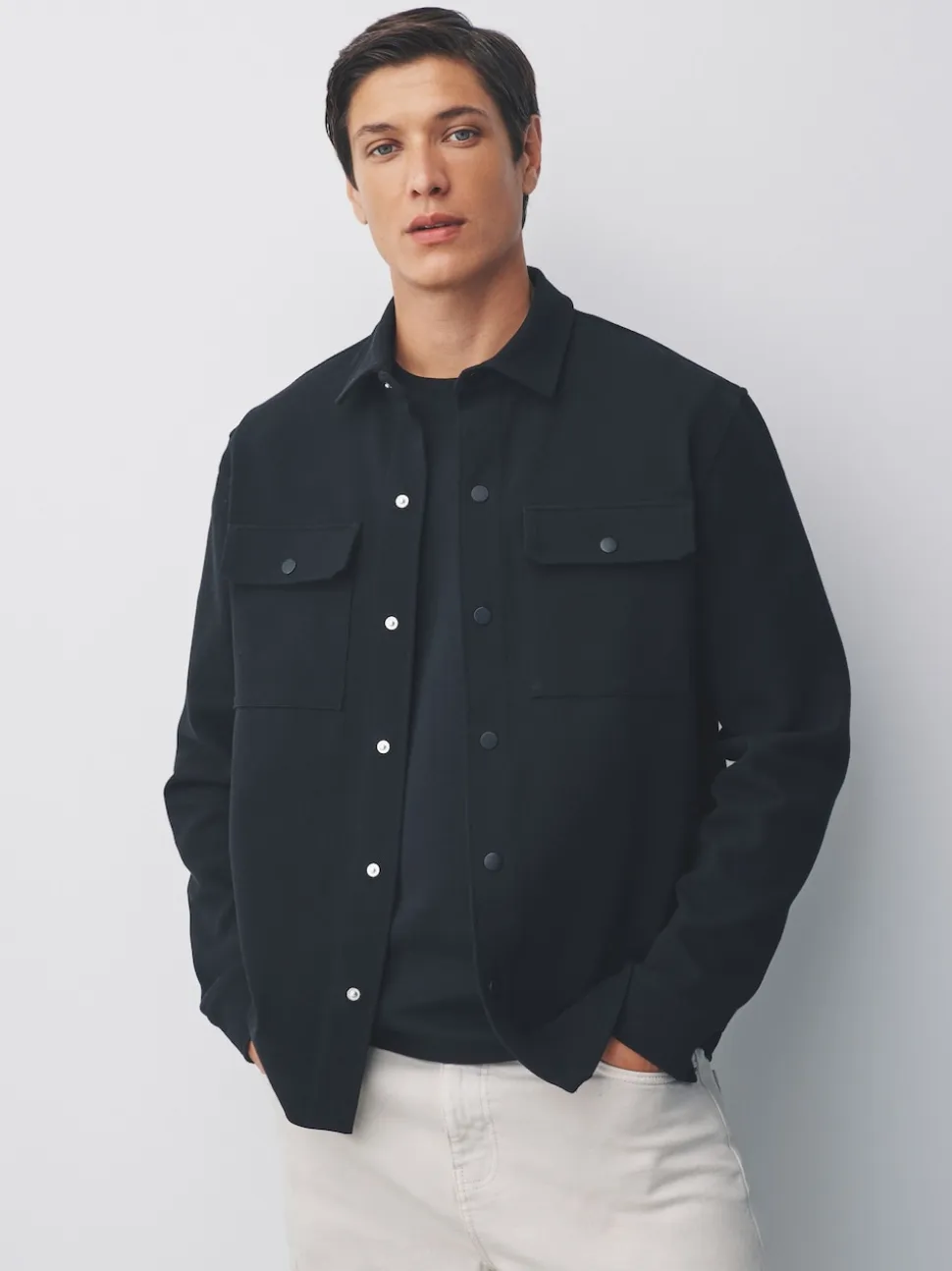 Black Jersey Twill Popper Shacket