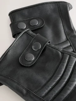 Black Leather Biker Gloves