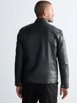 Black Leather Signature Utility Borg Lined Jacket