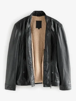 Black Leather Signature Utility Borg Lined Jacket