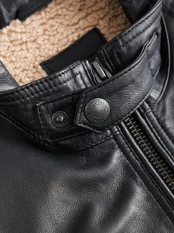 Black Leather Signature Utility Borg Lined Jacket
