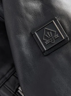 Black Leather Signature Utility Borg Lined Jacket