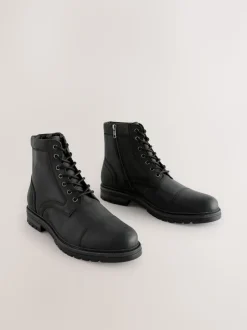 Black Leather Toe Cap Zip Up Boots