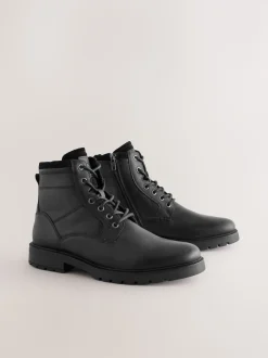 Black Leather Zip-Up Borg Lined Boots