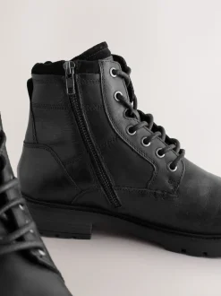 Black Leather Zip-Up Borg Lined Boots